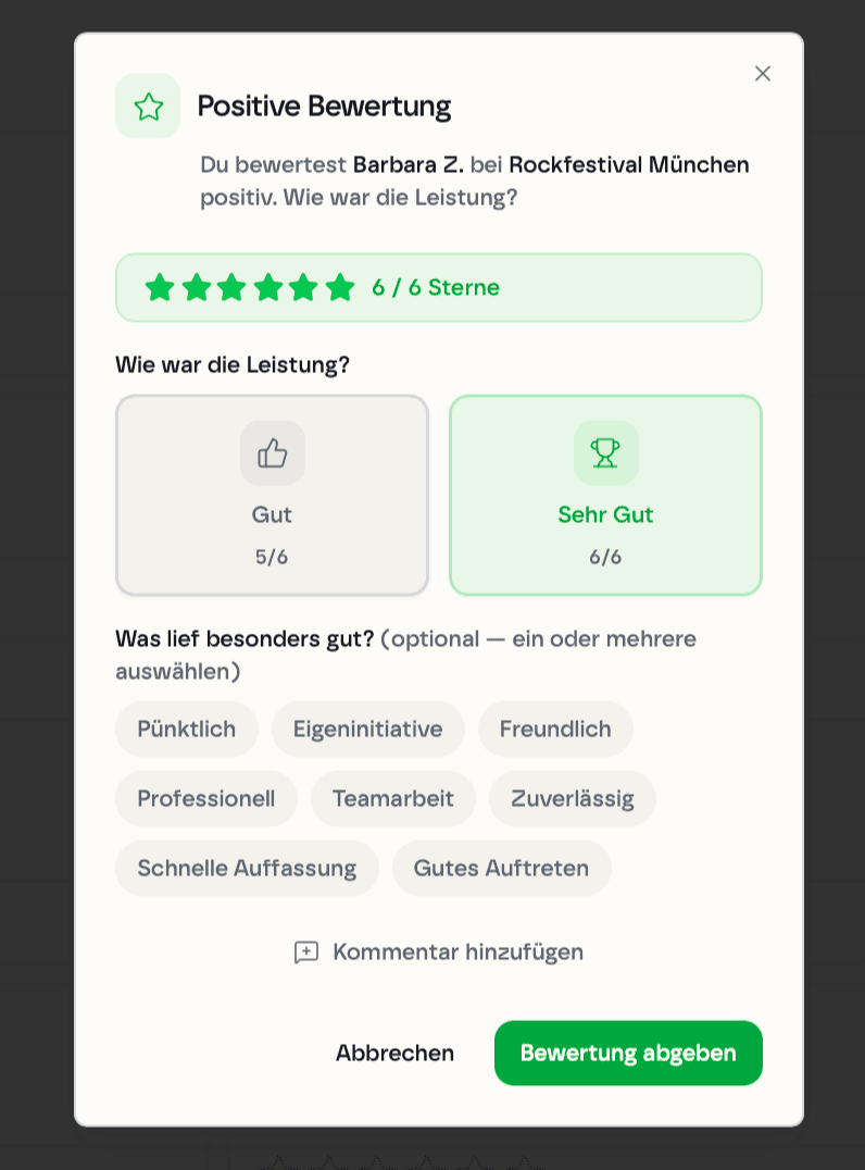 kyoX Positive Bewertung: 6/6 Sterne mit Tags wie Pünktlich, Eigeninitiative, Professionell
