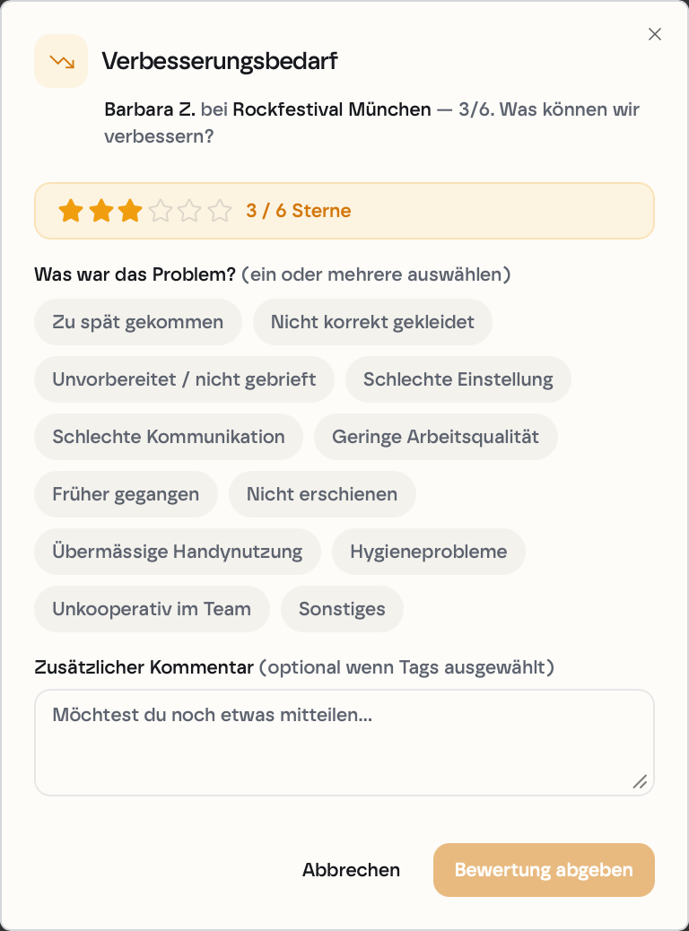 kyoX Verbesserungsbedarf: 3/6 Sterne mit Problem-Tags und Kommentarfeld